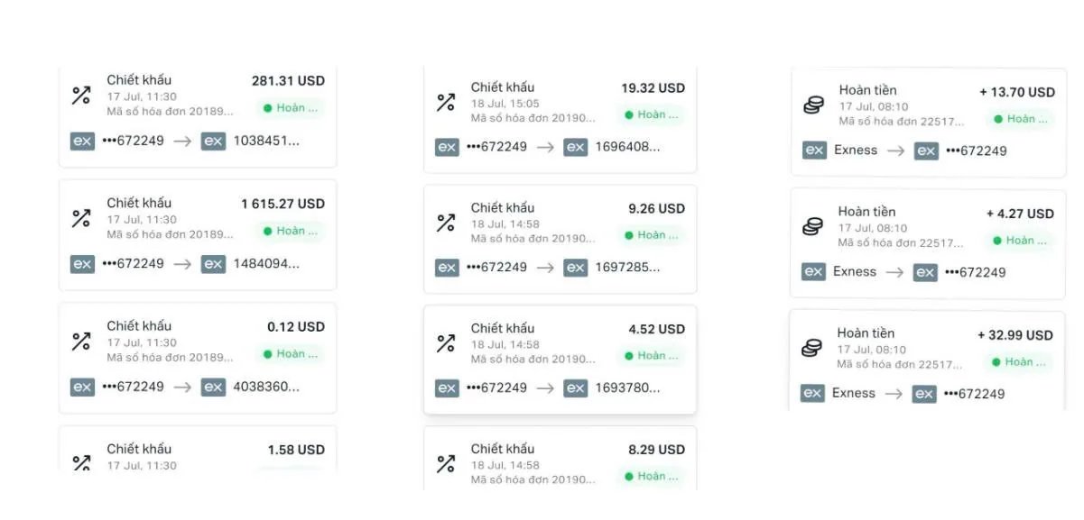 Ảnh chụp lịch sử giao dịch ví Exness với các dòng Chiết khấu và Hoàn tiền tính bằng USD, mỗi dòng có ngày giờ và mã hoá đơn