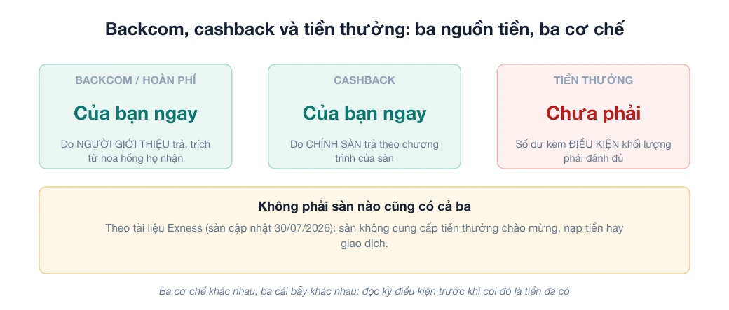 Sơ đồ ba ô: backcom hoặc hoàn phí là của bạn ngay, do người giới thiệu trả từ hoa hồng họ nhận; cashback là của bạn ngay, do chính sàn trả theo chương trình; tiền thưởng chưa phải của bạn, là số dư kèm điều kiện khối lượng