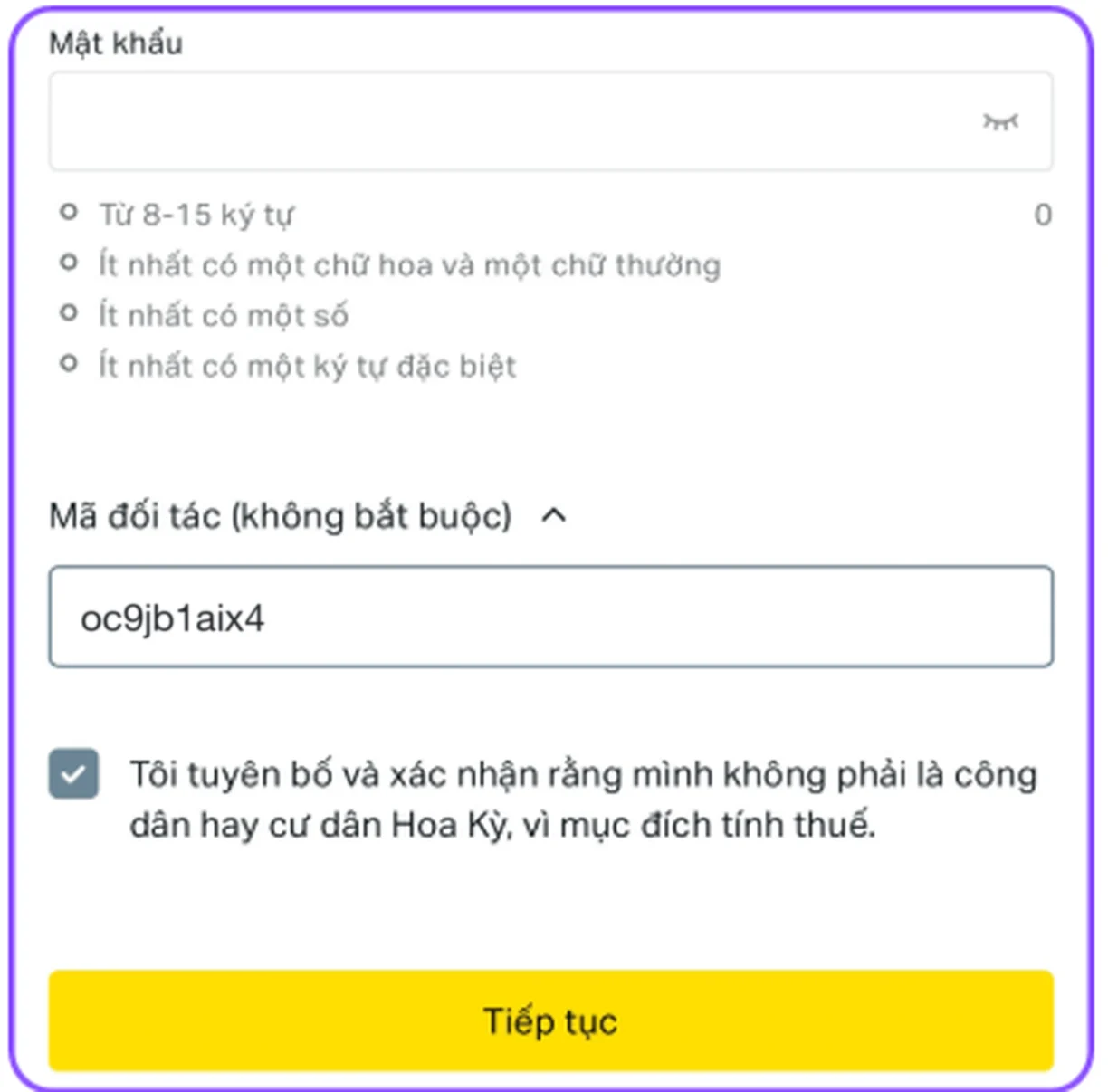 Form đăng ký Exness, ô Mã đối tác (không bắt buộc) đã điền mã oc9jb1aix4, phía dưới là ô xác nhận không phải cư dân Hoa Kỳ và nút Tiếp tục