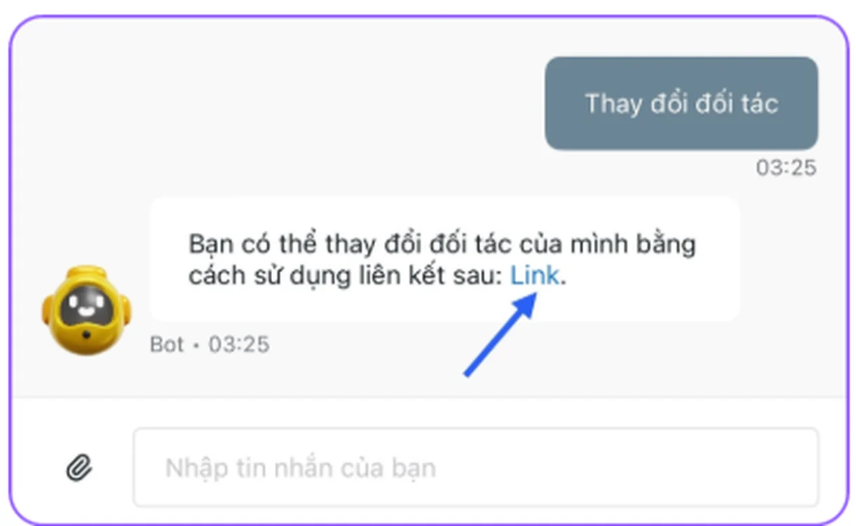 Khung chat Exness, người dùng gõ Thay đổi đối tác và bot trả lời kèm đường link biểu mẫu