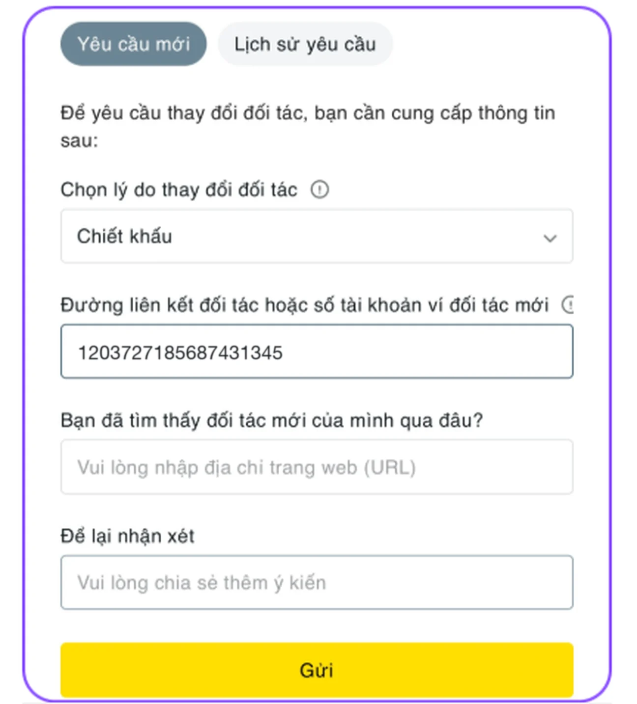 Biểu mẫu thay đổi đối tác của Exness, lý do chọn Chiết khấu, ô đường liên kết hoặc số ví đối tác mới đã điền 1203727185687431345