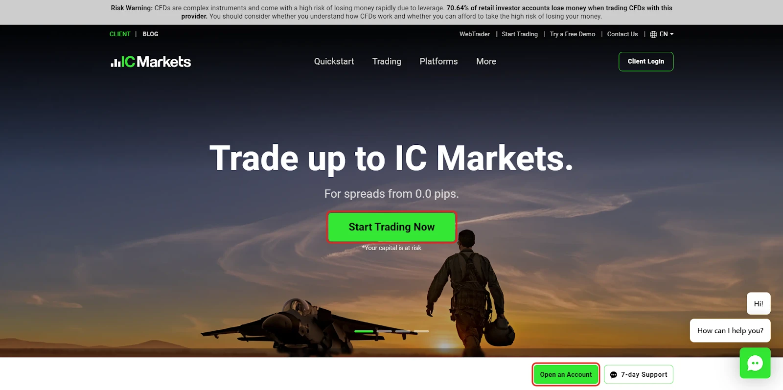 Trang chủ IC Markets, nút Start Trading Now ở giữa và nút Open an Account ở góc dưới được khoanh đỏ