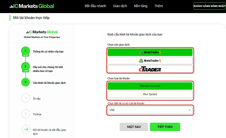 Bước Định cấu hình tài khoản giao dịch với lựa chọn MetaTrader 5, MetaTrader 4, cTrader, Standard Account, Raw Spread và tiền tệ USD