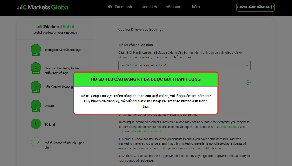 Thông báo Hồ sơ yêu cầu đăng ký đã được gửi thành công trên form IC Markets