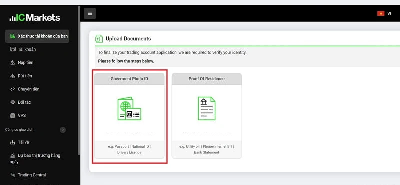 Mục Upload Documents trong Khu vực khách hàng IC Markets với hai ô Government Photo ID và Proof Of Residence