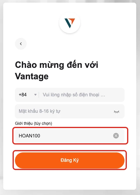 Ô Giới thiệu (tùy chọn) trên form Vantage đã điền HOAN100, nút Đăng Ký được khoanh đỏ