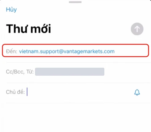 Màn soạn Thư mới trên điện thoại, ô Đến điền vietnam.support@vantagemarkets.com được khoanh đỏ, email người gửi đã che