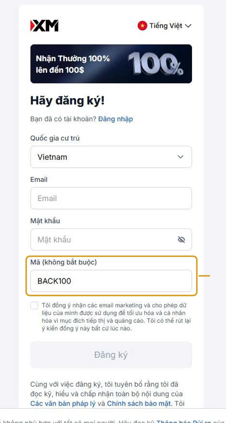 Form Hãy đăng ký của XM bằng tiếng Việt, ô Mã (không bắt buộc) được khoanh viền và đã điền BACK100