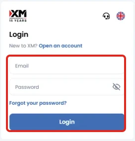 Màn hình Login của XM với ô Email, Password và nút Login được khoanh đỏ