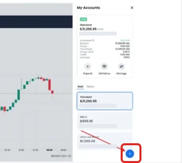 Bảng My Accounts của XM liệt kê tài khoản Standard, Micro, Ultra Low Micro và nút dấu cộng ở góc dưới được khoanh đỏ