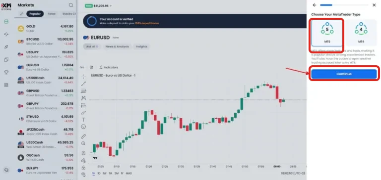 Bảng Choose Your MetaTrader Type của XM với hai lựa chọn MT5, MT4 và nút Continue