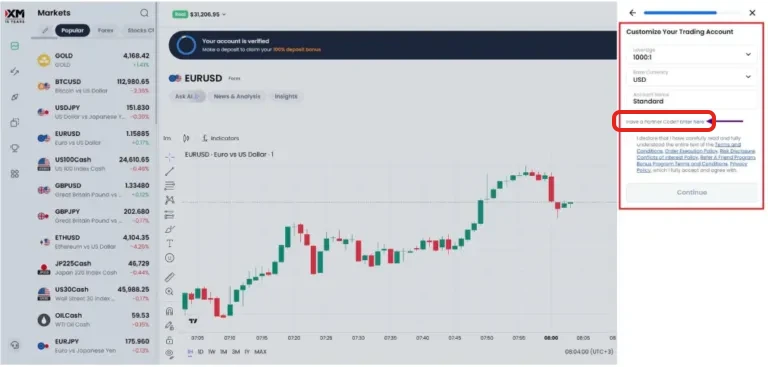 Bảng Customize Your Trading Account của XM, dòng Have a Partner Code? Enter here được khoanh đỏ