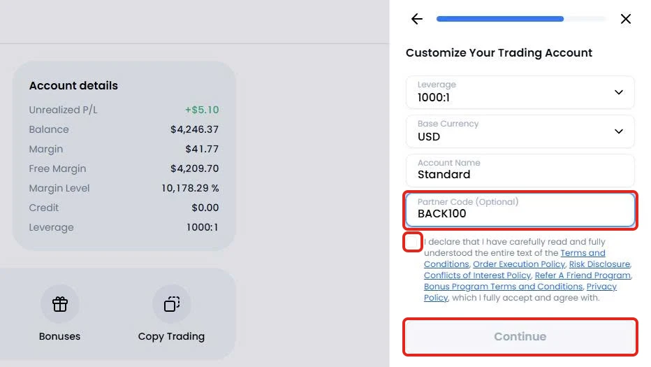 Ô Partner Code (Optional) đã điền BACK100, ô xác nhận điều khoản và nút Continue được khoanh đỏ