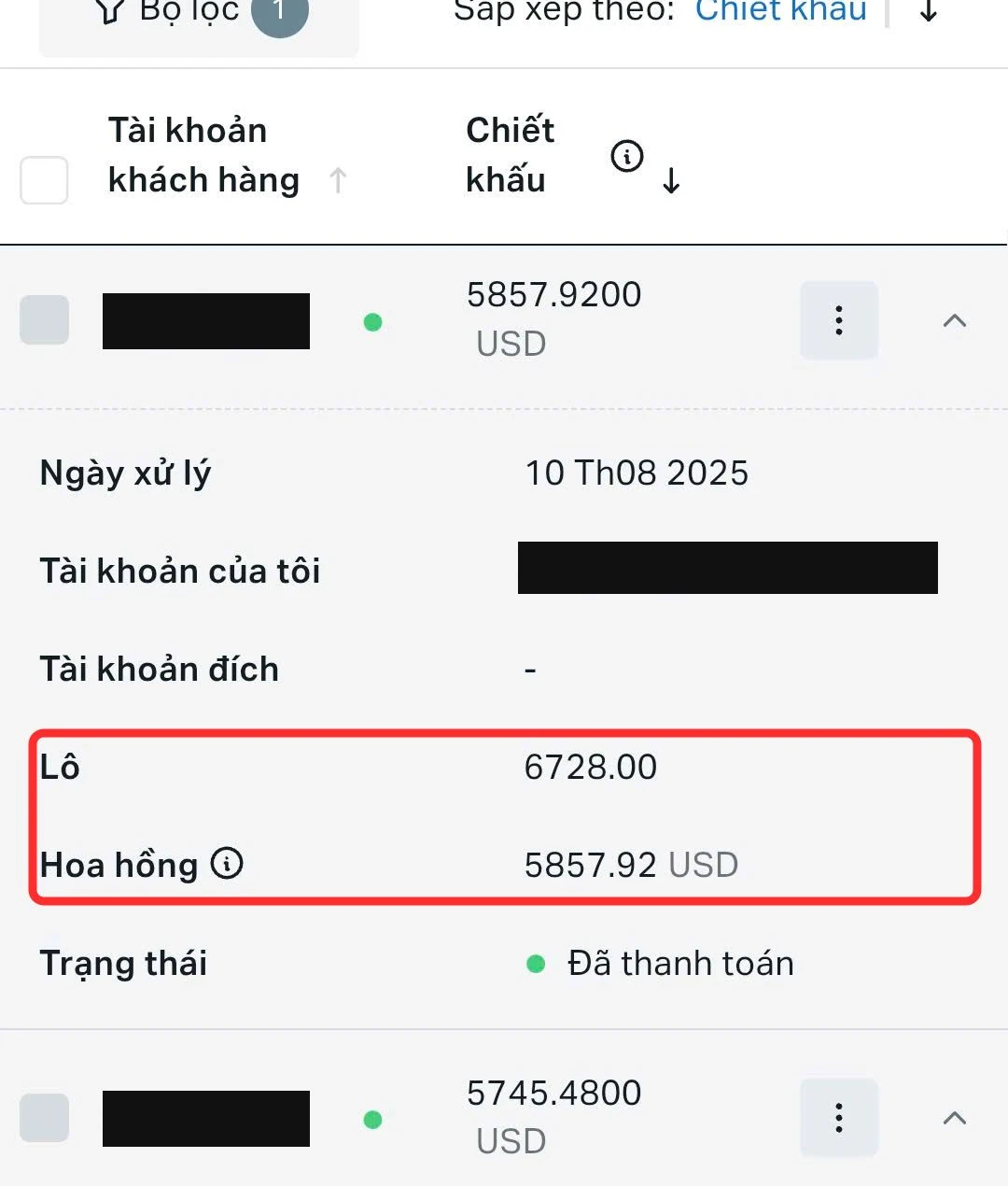 Ảnh chụp bảng đối tác IB, mục hoa hồng ngày xử lý 10/08/2025: 6.728 lô, hoa hồng 5.857,92 USD, trạng thái đã thanh toán