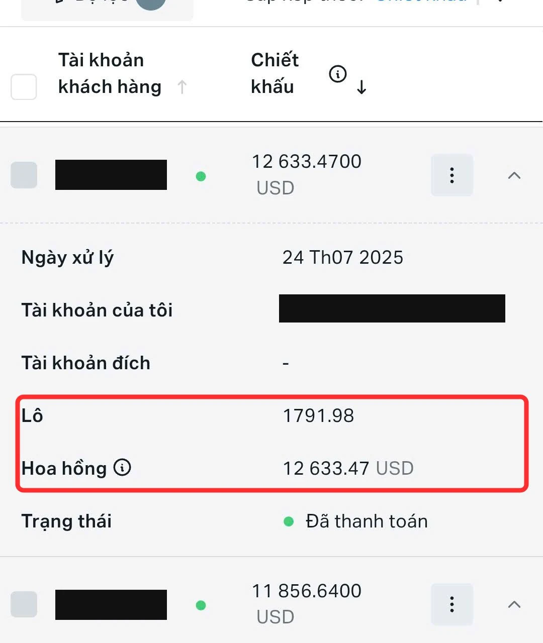 Ảnh chụp bảng đối tác IB, mục hoa hồng ngày xử lý 24/07/2025: 1.791,98 lô, hoa hồng 12.633,47 USD, trạng thái đã thanh toán