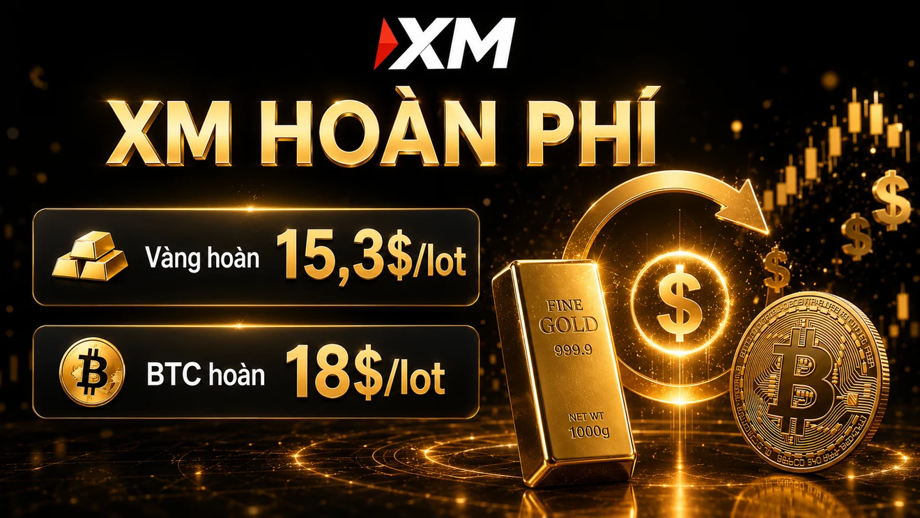 Banner XM hoàn phí: vàng hoàn 15,3 USD mỗi lot, BTC hoàn 18 USD mỗi lot