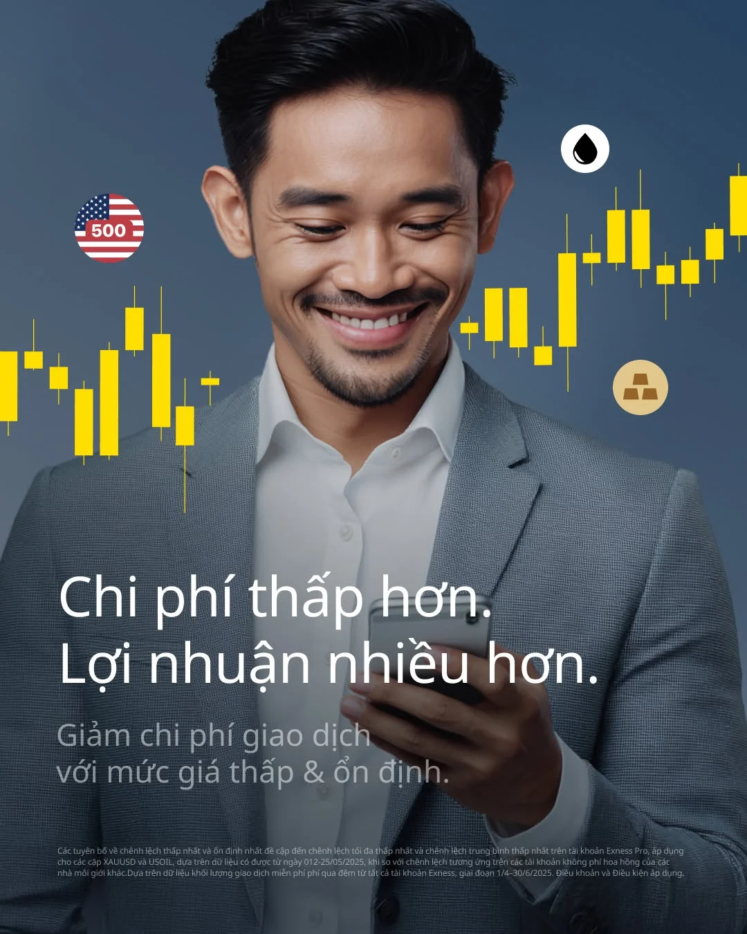 Ảnh quảng cáo của Exness với dòng chữ Chi phí thấp hơn, Lợi nhuận nhiều hơn và biểu đồ nến màu vàng